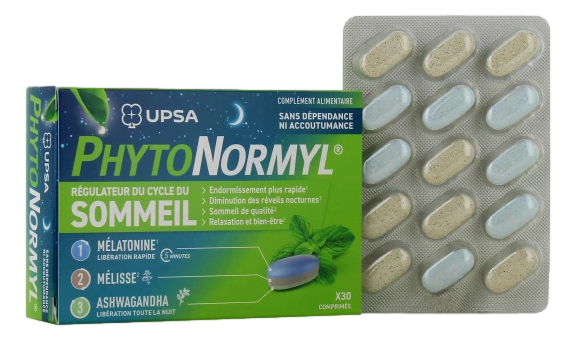 UPSA PhytoNormyl Régulateur du Cycle du Sommeil PhytoNormyl est un complément alimentaire Régulateur du Cycle du Sommeil des laboratoires UPSA sous forme de comprimés, garanti sans dépendance ni accoutumance.  30 comprimés